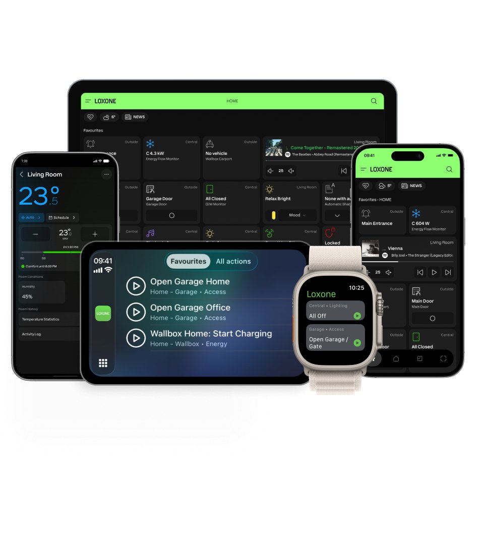 The Loxone app running on a tablet, phones and a watch